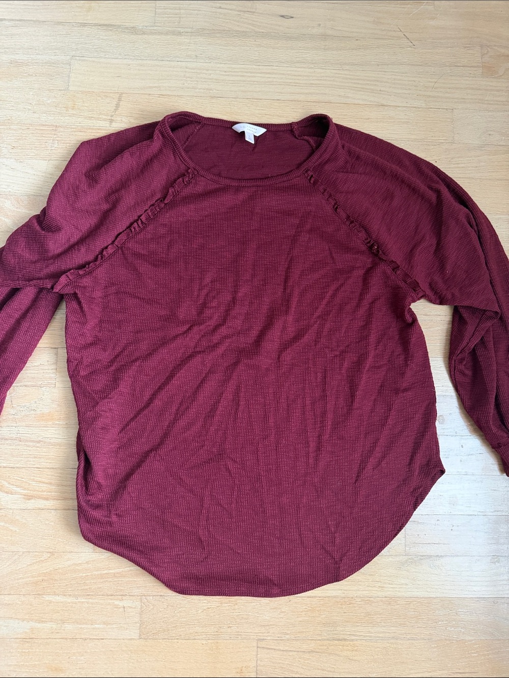 LC Lauren Conrad Maroon Waffle-Knit Ruffle Raglan Top